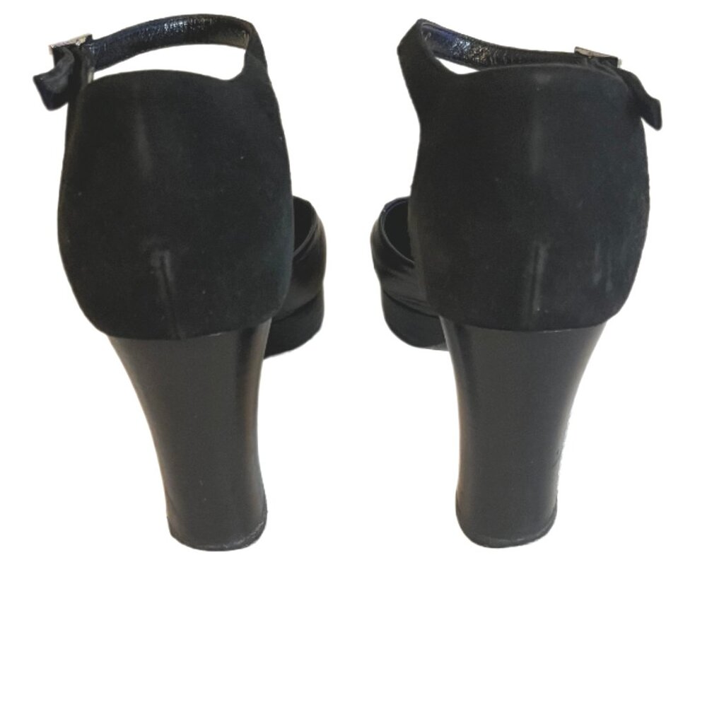 Celine Blk Leather/Suede Mary Jane’s Round Toe Chunky Heels Gold Buckle Size 37 - Picture 9 of 13